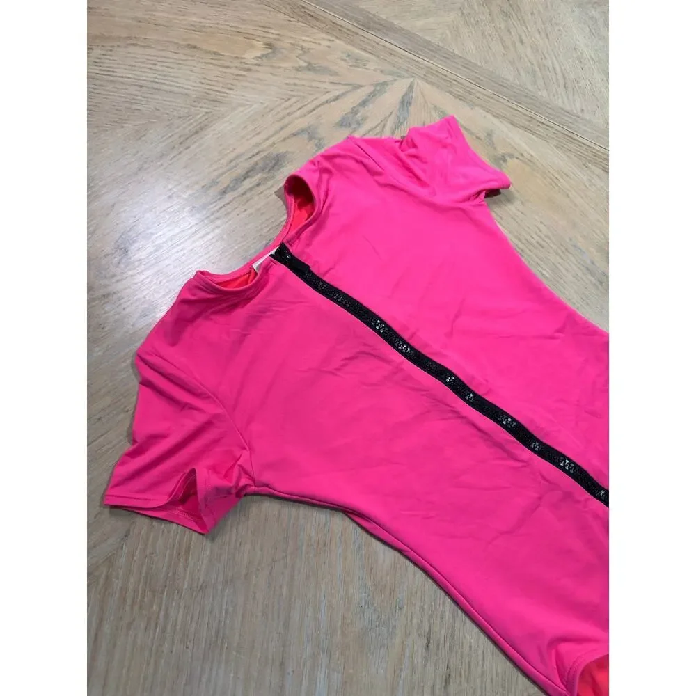 Michael Kors short sleeve neon pink one-piece swimsuit black front zipper size 4